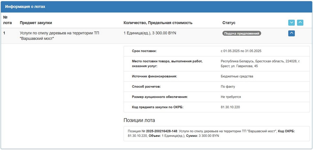 Тендер Брестской таможни на спил деревьев. Скриншот сайта госзакупок
