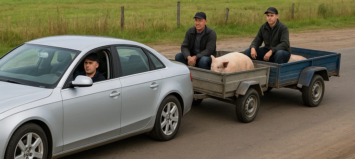 мужчины на audi везут свиней