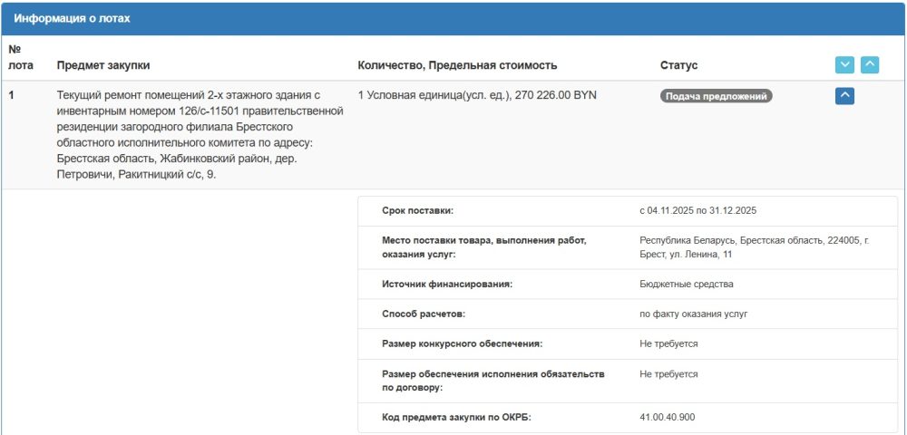 Тендер Брестского облисполкома на ремонт резиденции в Жабинковском районе. Скриншот сайта госзакупок