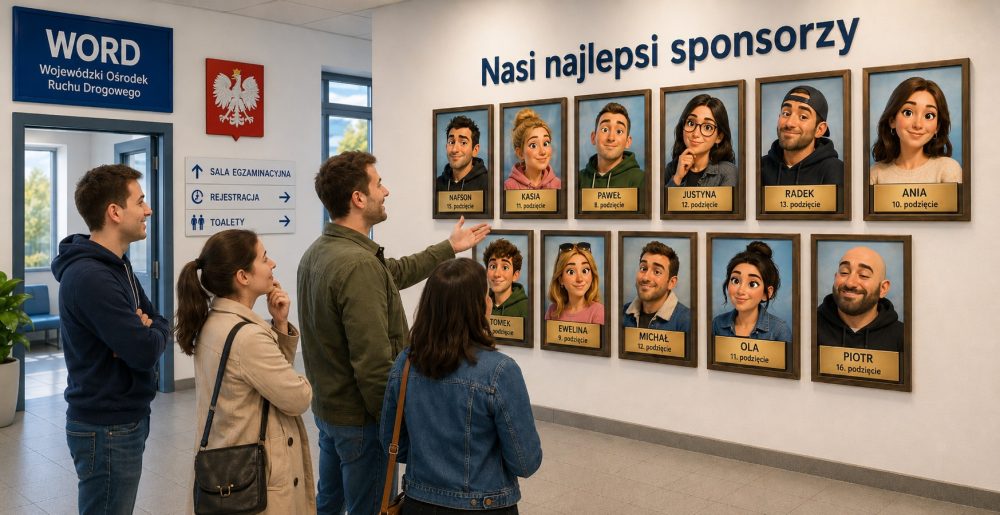 Посетители в коридоре WORD рассматривают стену с ироничной галереей «Nasi najlepsi sponsorzy» — портретами тех, кто много раз пересдавал экзамен.